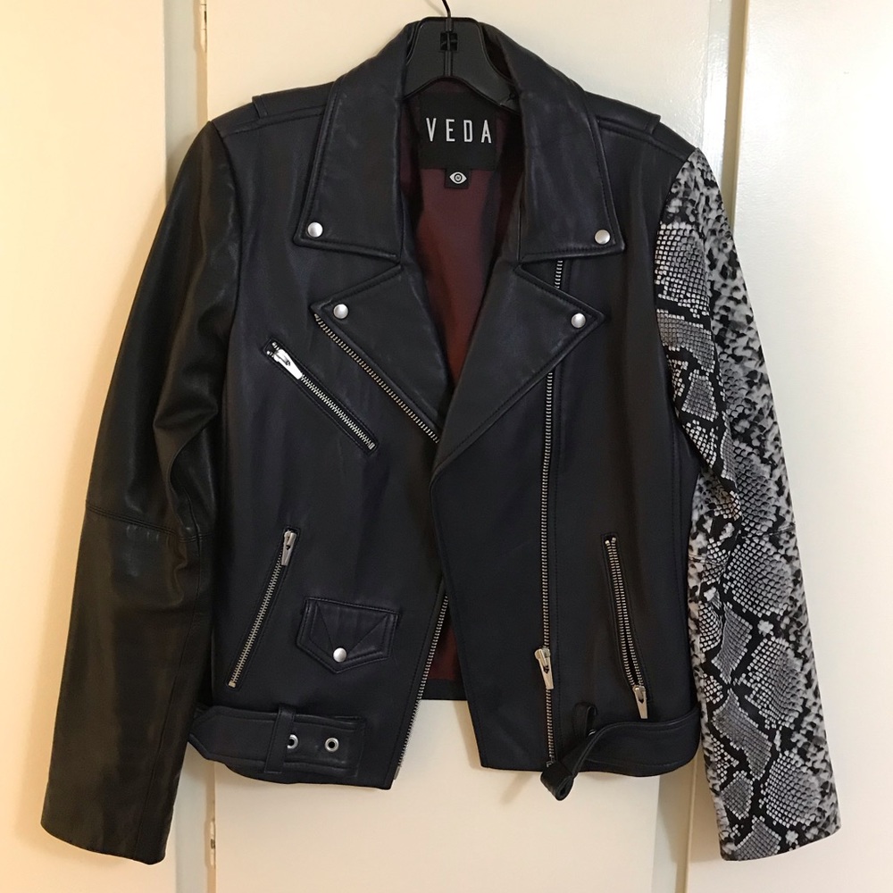 VEDA Jayne Navy Combo Snake Print Leather Jacket M